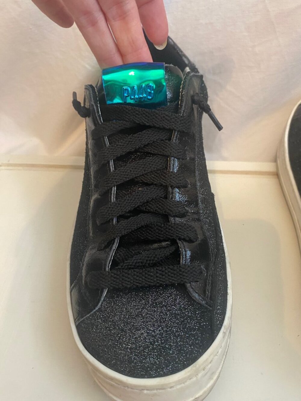 P448 John Black Silver Glitter Leather Sneakers Low Top Women's 7 - Picture 10 of 10